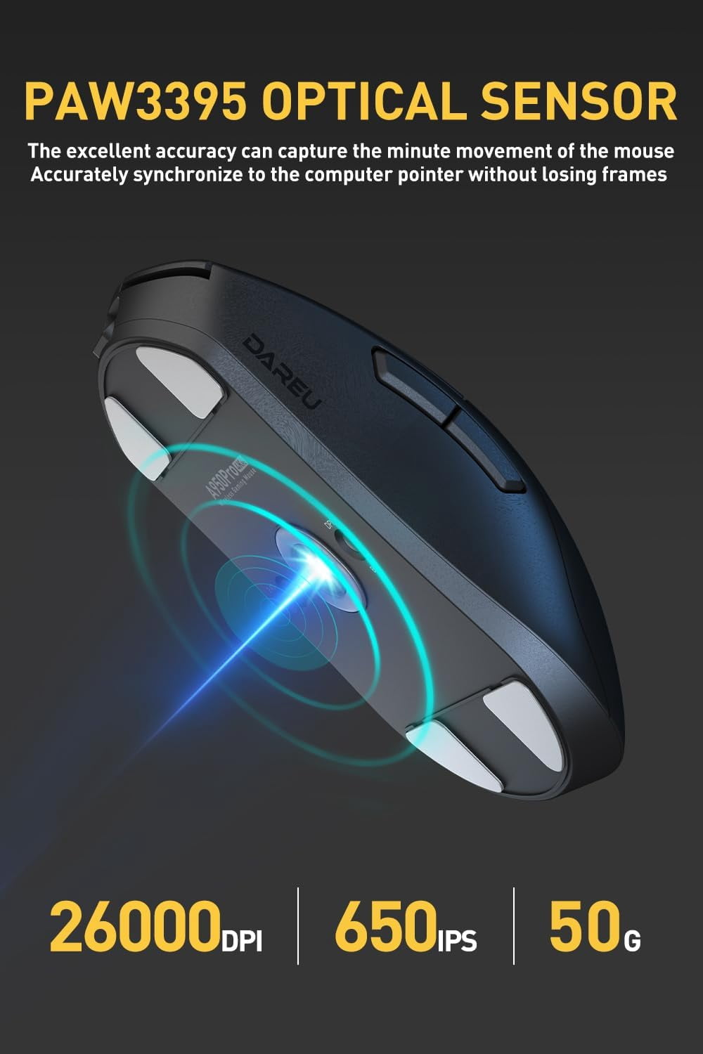 DAREU A950pro 4K Wireless Gaming Mouse:55g Ultra-Lightweight,4KHz Polling Rate,PAW3395 Optical Sensor,26K DPI,6 Programmable Buttons,Support 15min Fast Charging &Tri-mode Connection (Black)