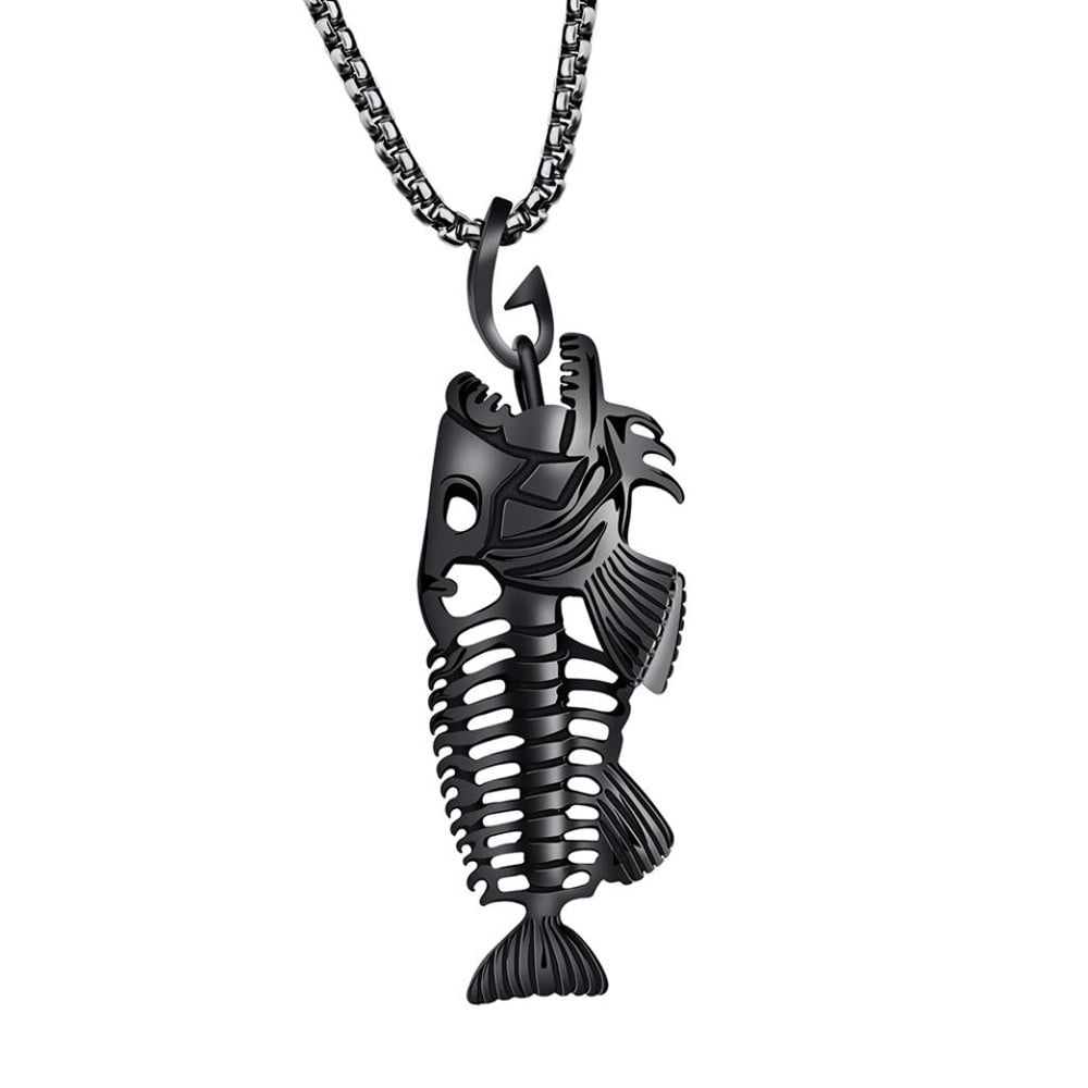 YUEHAO Accessories Necklaces Pendants Fish Bone Fishing Hook Skeleton  Stainless Steel Pendant Surfer Chain Necklace Black 