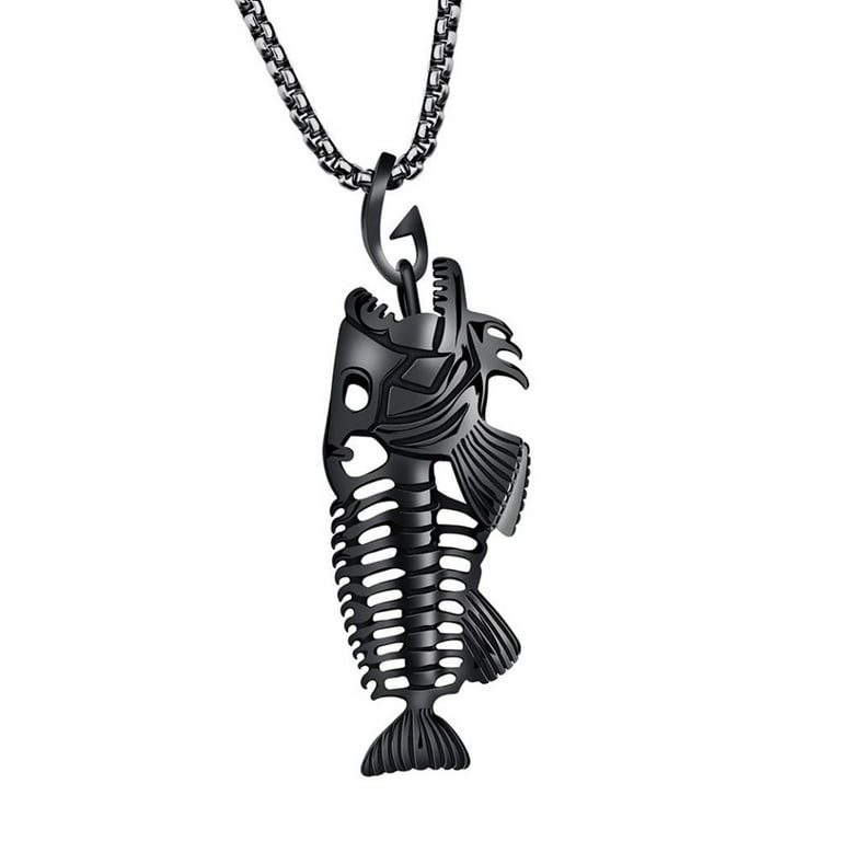 Necklaces Pendants Fish Bone & Fishing Hook Skeleton Stainless Steel Pendant  Surfer Chain Necklace 