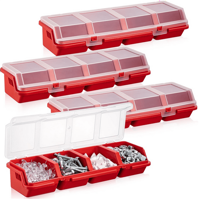 4 Pcs Screw Organizers and Storage Bins with Locks Plastic Hardware Organizer Box with Compartment Bolt Organizer Red