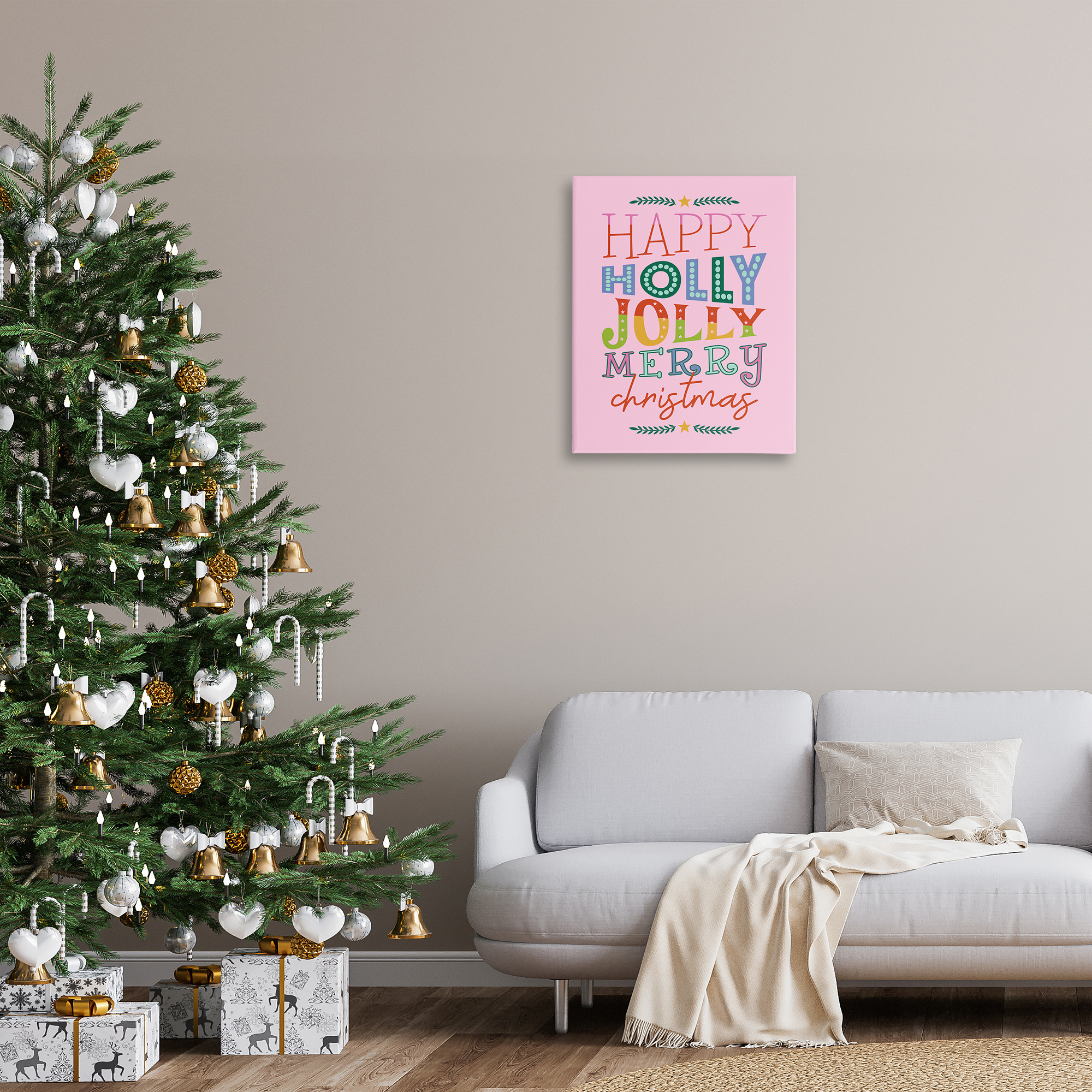 Stupell Industries Happy Holly Jolly Xmas Holiday Painting Gallery Wrapped Canvas Art Prints Wall Art, 24 x 30