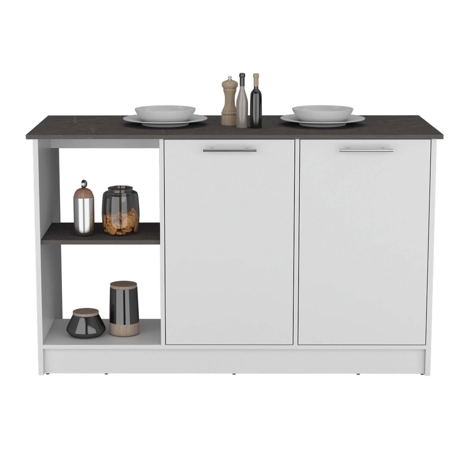Kitchen Island With Ample Workspace Countertop In White, Double Door Cabinet & Open Shelves. Offers Sufficient Work Area. Stores Pots, Pans, Dishes. 59" X 25.36" 34.79". Engineered Wood, Solid Wood