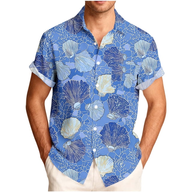 Mens Casual Manga Corta Botón Abajo Camisas Impresas Turndown Cuello Blusa, Top de Moda de Verano para el Uso Diario