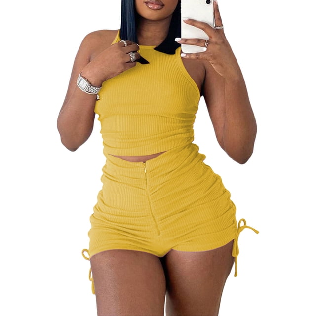 Txlixc Traje de 2 piezas para mujeres, chaleco sin mangas + pantalones cortos de cremallera de cintura alta Txlixc moda