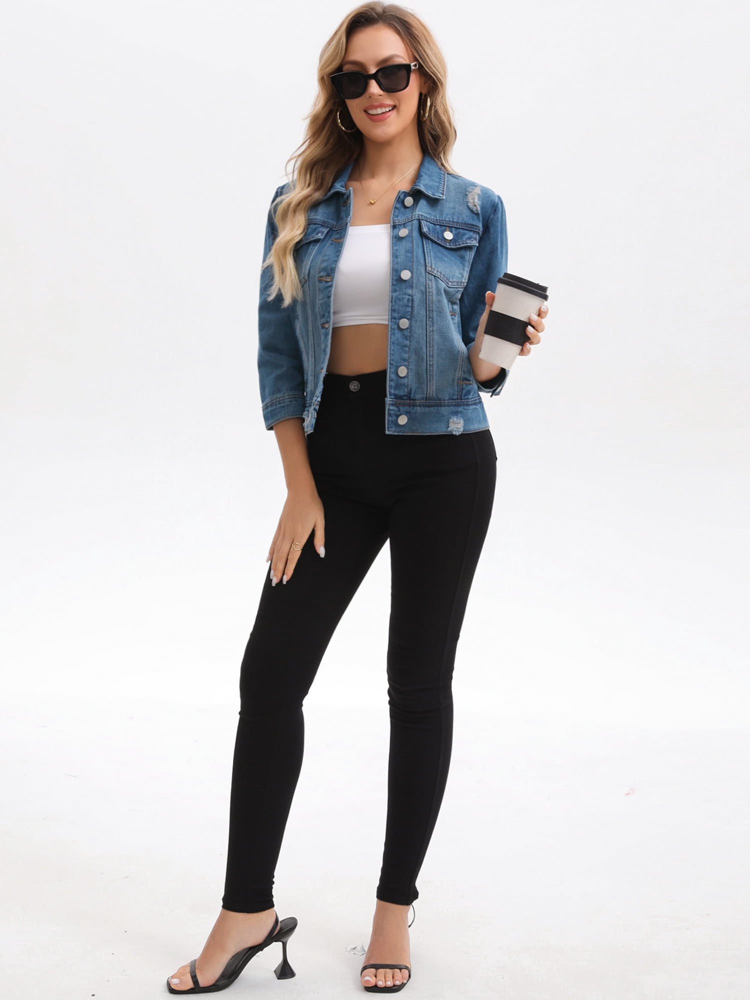 DARING DIVA Women's Cropped 3/4 Sleeve Button Down Washed Denim Jacket S Dark Blue