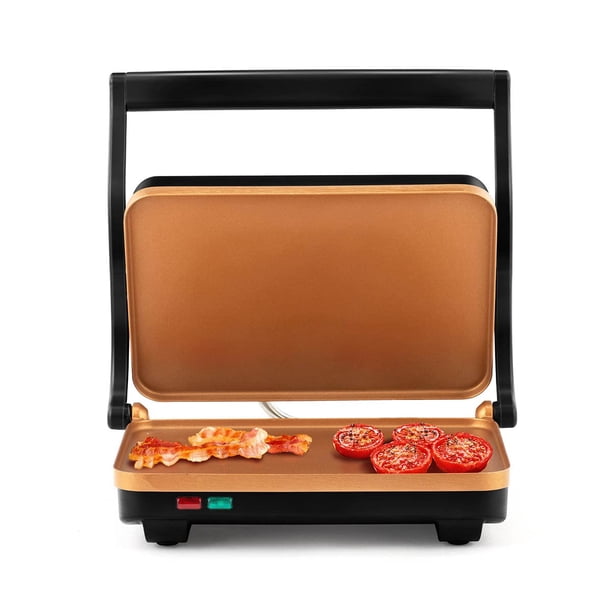 Holstein Housewares - Plancha eléctrica para sándwiches y aperitivos de 2 rebanadas con temperatura ajustable, placas antiadherentes, negro y cobre/acero inoxidable, dorada, resultados crujientes en