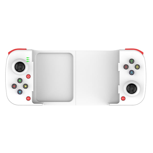mando inalámbrico kuymtek d3 gamepad telescópico portátil para teléfono móvil blanco, vista frontal centrada con sección extendida, agarres ergonómicos curvos con palancas analógicas 3D y D-pad, botones A/B/X/Y y botones traseros M2 visibles, ranura central acolchada para teléfonos de 135–173 mm (5.31–6.81 pulg), carcasa ABS lisa y conector Tipo-C.