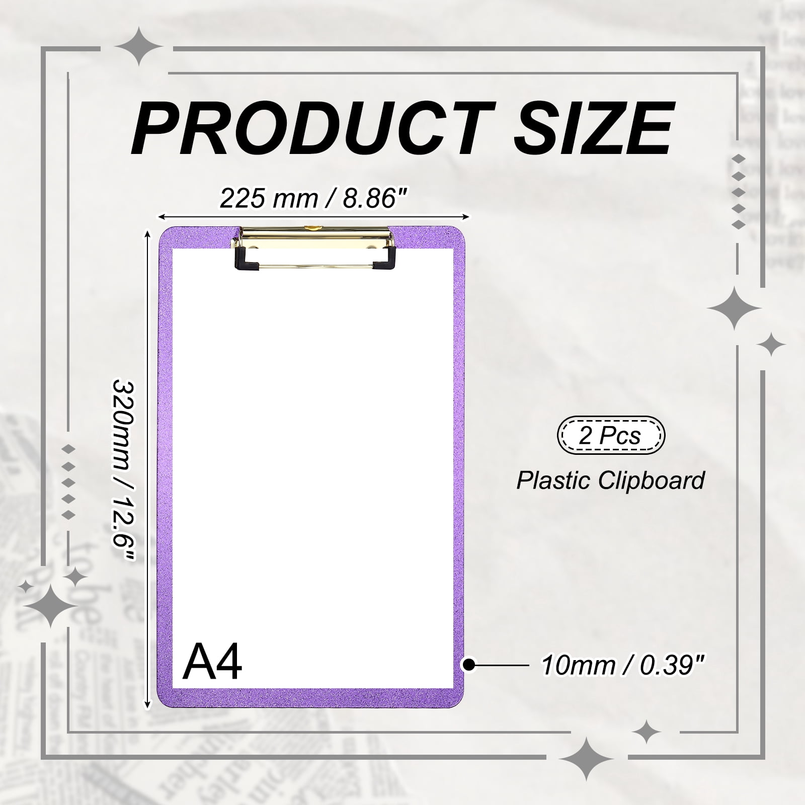 Uxcell 2 Pcs Plastic Clip Boards, A4 Size Glitter Purple Stylish Clip Boards Glitter Design Cute Clipboards Office Supplies for Restaurant Shop Store Note Memo Card Sign Holder