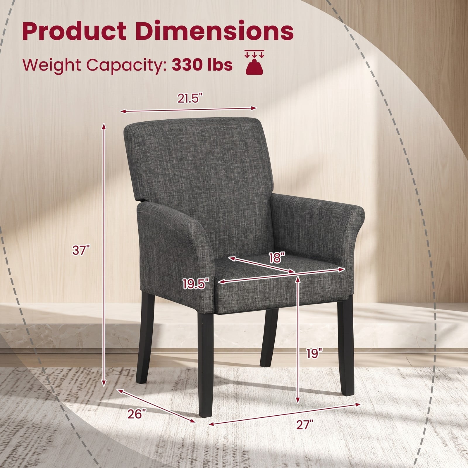 Furnibear Executive Guest Chair, Reception Waiting Room Arm Chair with Padded Armrests, Ergonomic Linen Velvet Accent Chair, Rubber Wood Legs, 330 lbs Capacity, Gray