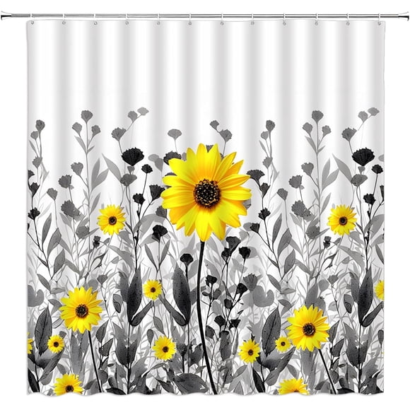Yellow Flower Shower Curtain Rustic Sunflower Botanical Gray Leaves Natural Elegant Farmhouse Home Decor Set with Hooks Add a Burst of Sunshine and Botanical Beauty to Your Bathroom (70"x70)