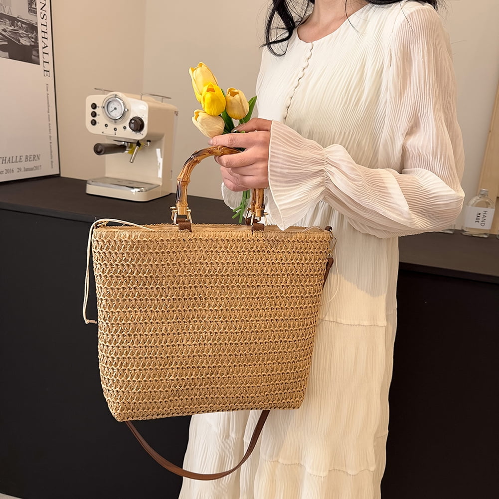 Women Straw Woven Handbag with Bamboo Handle Tote Clutch Bags for Seaside(Khaki) Shoulder Bags for Women