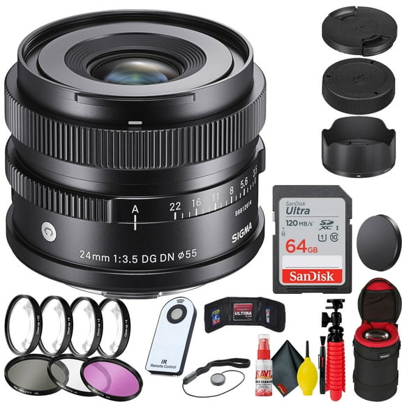 Sigma 24mm F/3.5 DG DN Contemporary Lens for Sony E 64GB SD Card Bundle