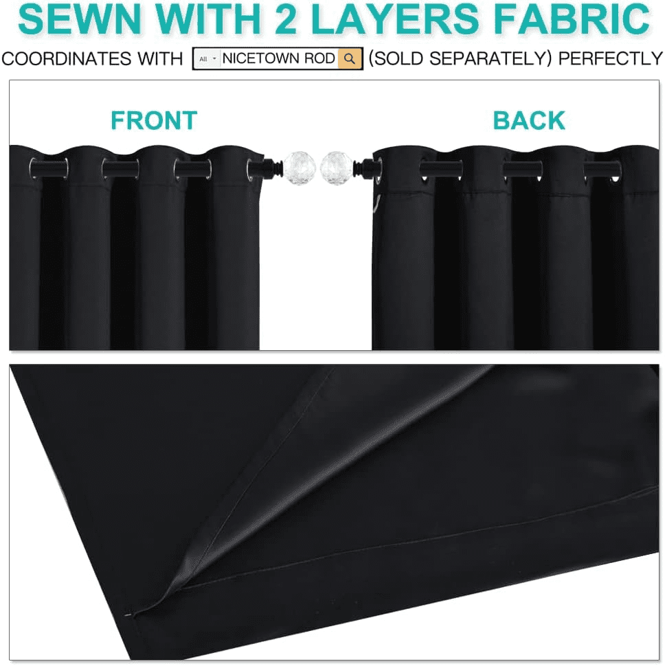 NICETOWN 2 Layer 100% Blackout Curtains Noise Reducing Modern Thermal Insulated Drapes, 42"x84", Set of 2, Black