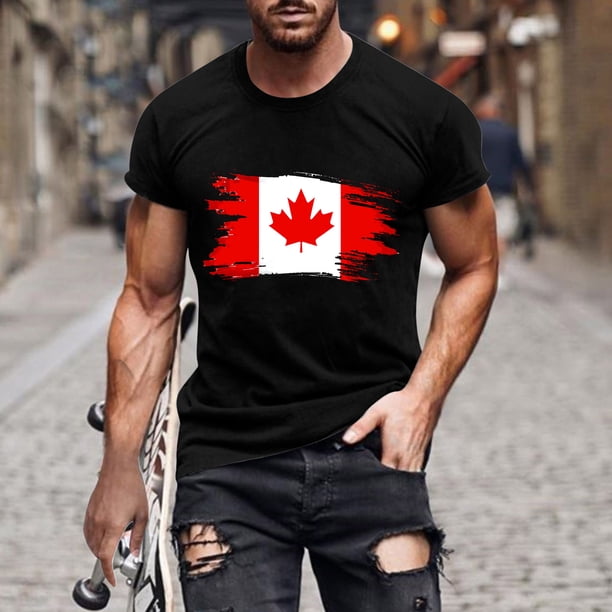 Tops para hombre, blusas y camisas de cuello redondo y manga corta para hombre. Camiseta de cuello redondo y manga corta con estampado de bandera canadiense para hombre. Blusa de algodón y poliéster p