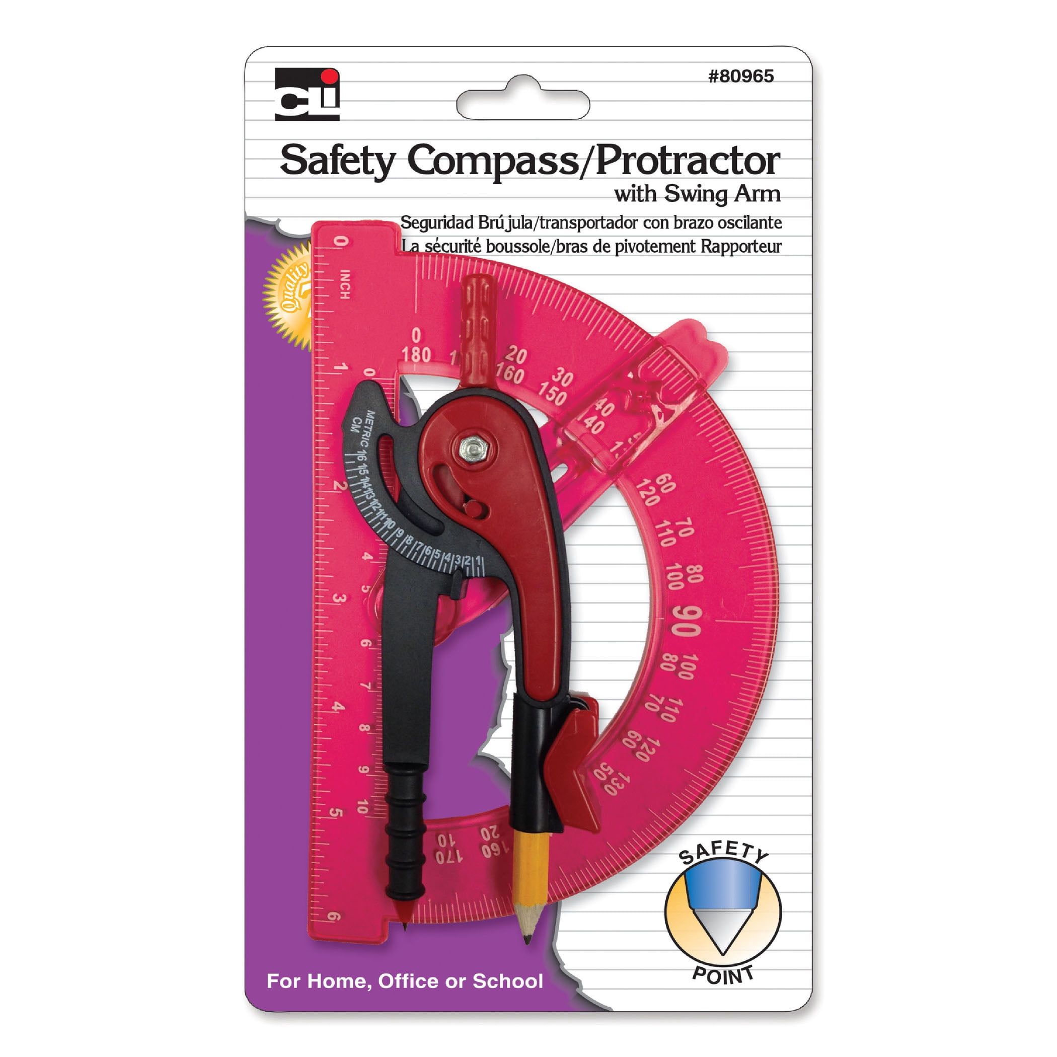 Charles Leonard Compass Safety and 6" Swing Arm Protractor, Assorted Colors, Pack of 12