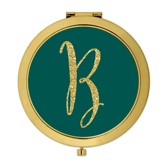 Koyal Wholesale Gold Compact Mirror Bridesmaid's Wedding Gift, Peacock Blue Jewel Tone , Monogram Letter B, 1-Pack