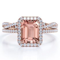 JeenMata 1.5 Carat Emerald Cut Pink Peach created morganite and Moissanite - 4 Prong Halo Set - Twisted Pave Wedding Ring Set - 18K Rose Gold Plating over Silver