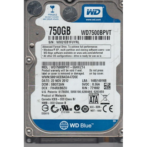 WD7500BPVT-55HXZT4, DCM SBOT2AN, Western Digital 750GB SATA 2.5 Hard Drive