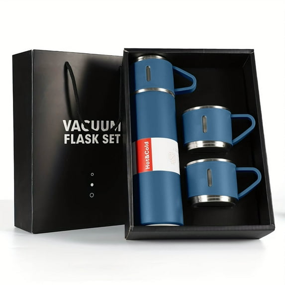 Stainless Steel Vacuum Insulated Thermos Bottle with Drinking Cup, Leakproof Double Wall Travel Flask for Hot & Cold Coffee, Tea & Water(Blue,500ML / 17Oz)