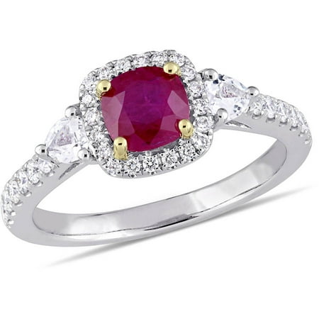 Tangelo 1-1/6 Carat T.G.W. Ruby and White Sapphire and 1/3 Carat T.W. Diamond 14kt Two-Tone White and Yellow Gold Halo Engagement Ring