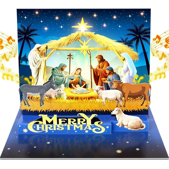 "Nativity of Jesus Music & Lights Pop-up 3D Merry Christmas Cards with Envelopes, for Kids Mom Girlfriend Husband Wife Men Women