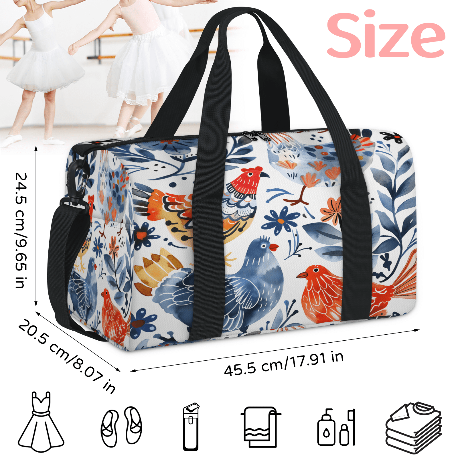 Herdesigns Cute Chicken Gym Bag for Women, Duffle Bag for Travel Sport, Lightweight Waterproof Carry on Weekender Overnight Dance Yoga Workout Bags