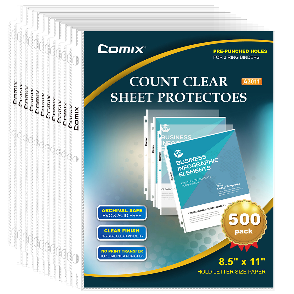 Comix 500Pack Clear Sheet Protectors for 3 Ring Binders, Plastic