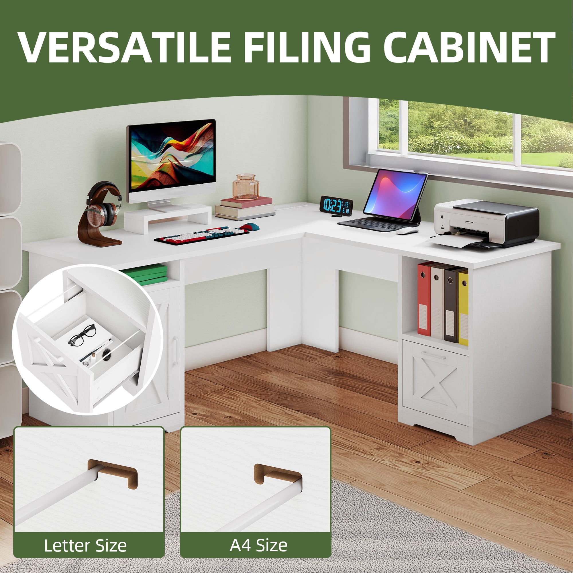 Uforic 59" L Shaped Desk with Power Outlets,Large Computer Desk with Drawers, Home Office Desk,White