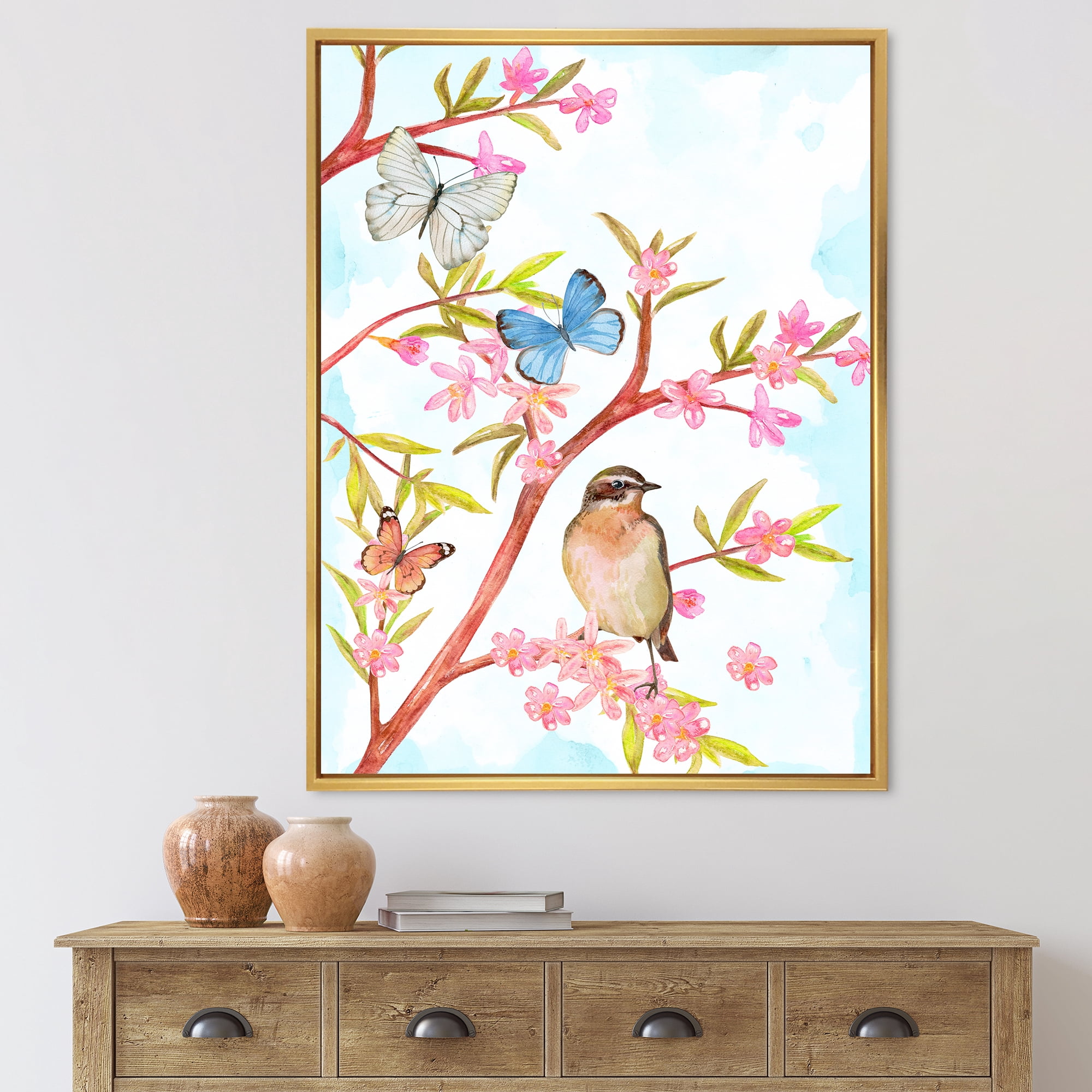 Designart 'Clever Bird Sitting On Branch of A Spring Tree With Butterflies' Traditional Framed Canvas Wall Art Print