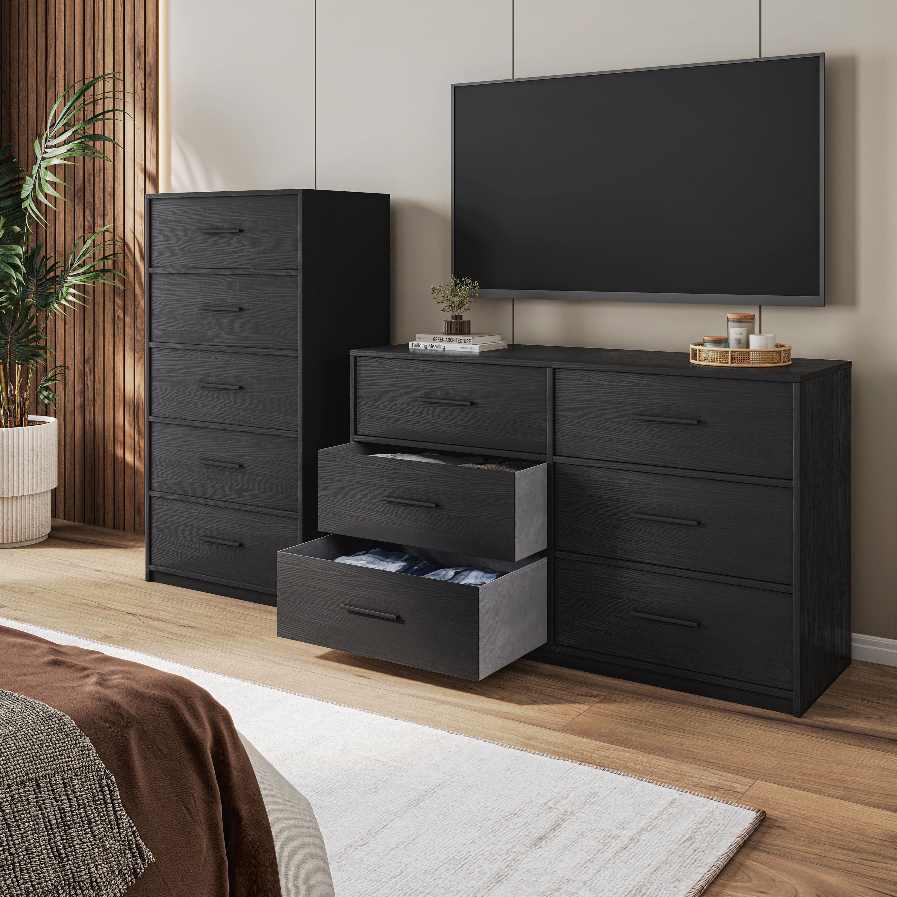 6-Drawer Dresser with Extra Large Fabric Bins, Wood Frame Storage Organizer for Bedroom, Living Room, or Hallway, Versatile Design Doubles as a TV Stand, Ideal for Home Organization, Black