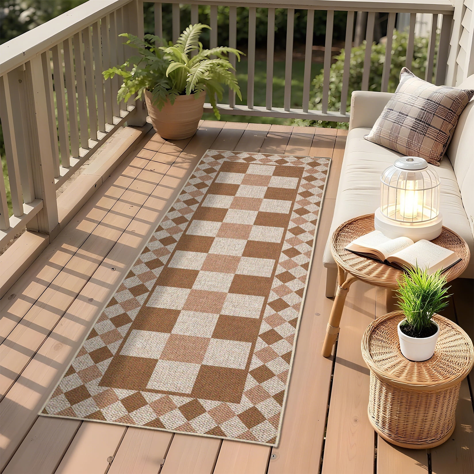 Modern Runner Rug for Hallway 2x6 Checkered Easy Jute Rug with Non-Slip Backing, Stain-Resistant Kitchen Runner, Washable Geometric Indoor Outdoor Rug for Laundry Entryway, Brown