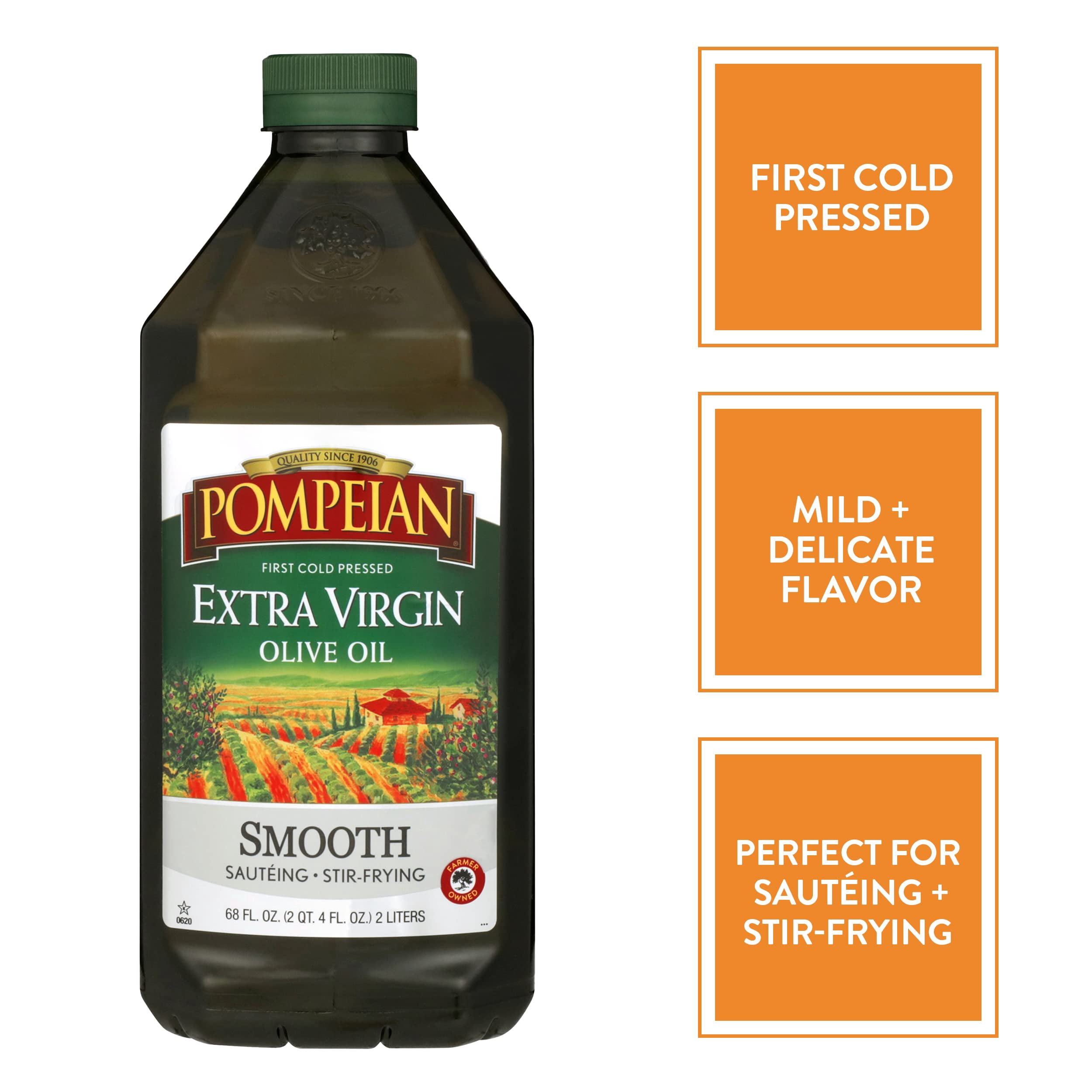 Pompeian Smooth Extra Virgin Olive Oil, Contains Polyphenols, First Cold Pressed, Mild And Delicate Flavor, Perfect For Sauteing & Stir-Frying, Naturally Gluten-Free, Non-Gmo, 68 Fl Oz, Single Bottle