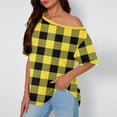 thumbnail image 2 of sckarle Women's Off Shoulder Top Short Sleeve Plaid Tee Shirt Cute Print Going Out Blouse Summer Beach Holiday Tshirt Yellow,L, 2 of 7