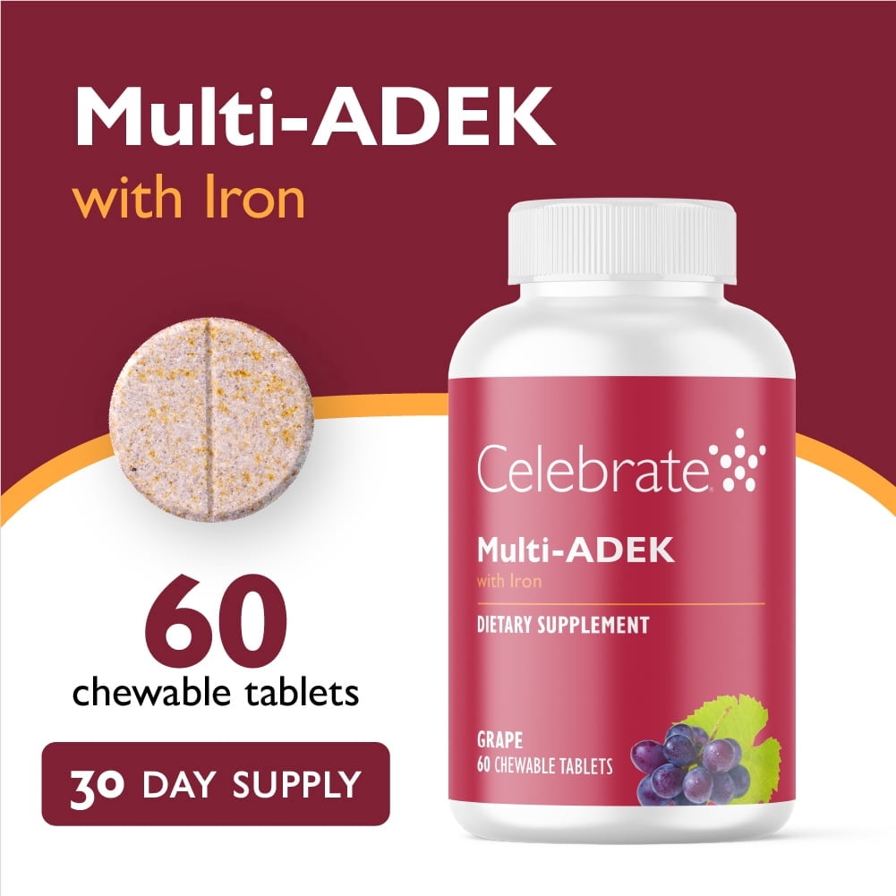 Celebrate Vitamins High ADEK Bariatric Multivitamin with Iron Chewables, 60 mg Iron, Grape, 60 count