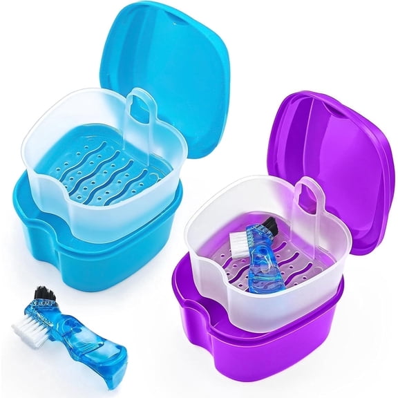 2 Pack Denture Case Dental Mouthguard Case, Denture Bath Box Cleaning with Brush, Strainer Basket and Lid Waterproof - Purple and Blue