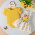 thumbnail image 2 of mgoYE 0-3 Months Baby Girl Clothes Baby Girl Clothes Summer Outfit Newborn Ruffle Romper Bee Cartoon Suspender Skirt Bow Headband Set 0-18 Months(Yellow,3-6 Months), 2 of 9