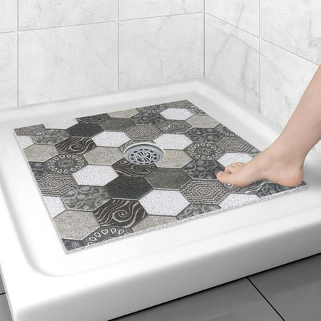 Square Shower Mat Non Slip: 24x24 Inch Floor with Drain Hole in Middle, Super Soft and Comfortable PVC Loofah Massage Bath for Shower, Anti Slip Stall Mat, Quick Drying