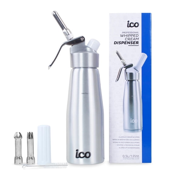 ICO Professional Aluminum Whipped Cream Dispenser 1-Pint for Homemade Whipping Cream, Whipped Cream Maker for Desserts, Dips, Sauces, and Infused Liq