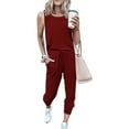 thumbnail image 3 of Scyoekwg Women 2 Piece Outfits Solid Color Casual Round Neck Sleeveless Tank Tops Comfy Joggers Pants Pocket Travel Set Outfit (Wine,L), 3 of 5