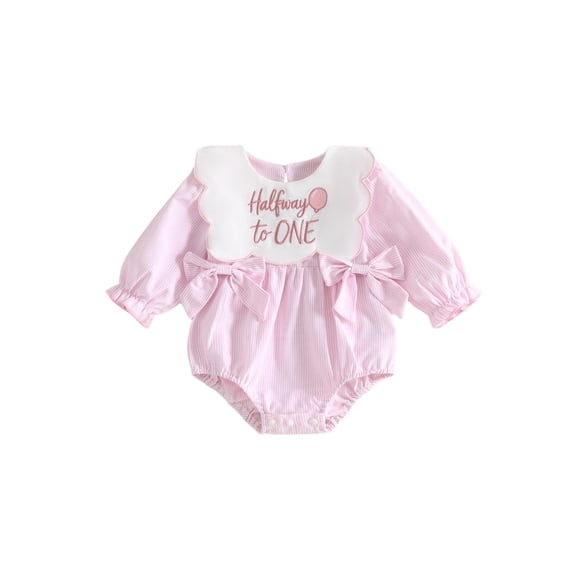 Cenuakty Girls Half Birthday Romper Embroidery Long Sleeve Striped Jumpsuit