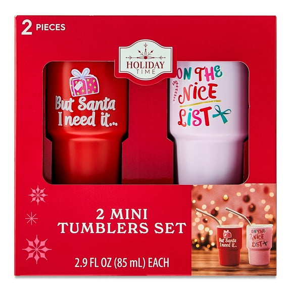 Stainless Steel Mini Christmas Tumbler Set, Red and Pink, 2.9 fl oz, 2 Count, by Holiday Time