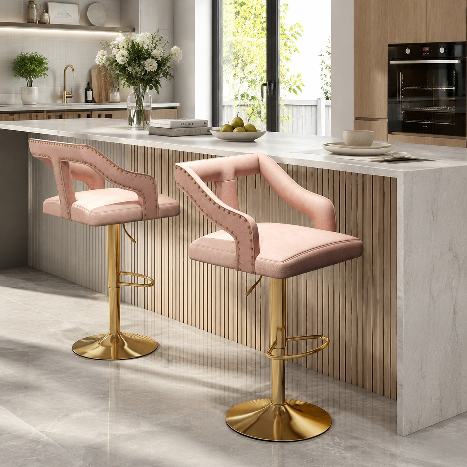 Furnibear Set of 2 Bar Chairs with Footrest and 2-Layer Electroplated Metal Base for Kitchen Island Counter Bar Pub Dining Home, Pink