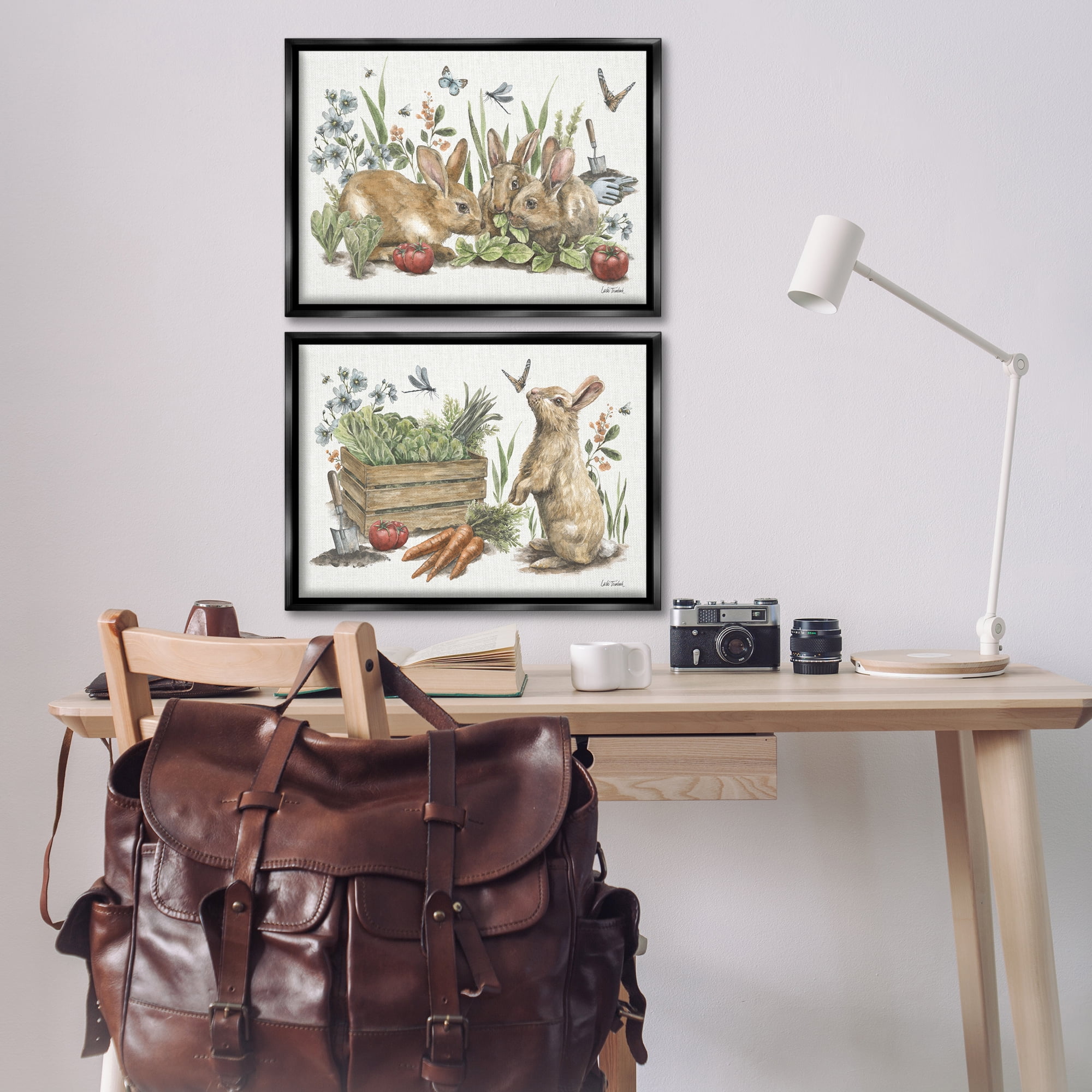 Stupell Industries Rabbit Vegetable Garden Party Animals Painting Black Floater Framed Canvas Art Print Wall Art, 25 x 17, Set of 2