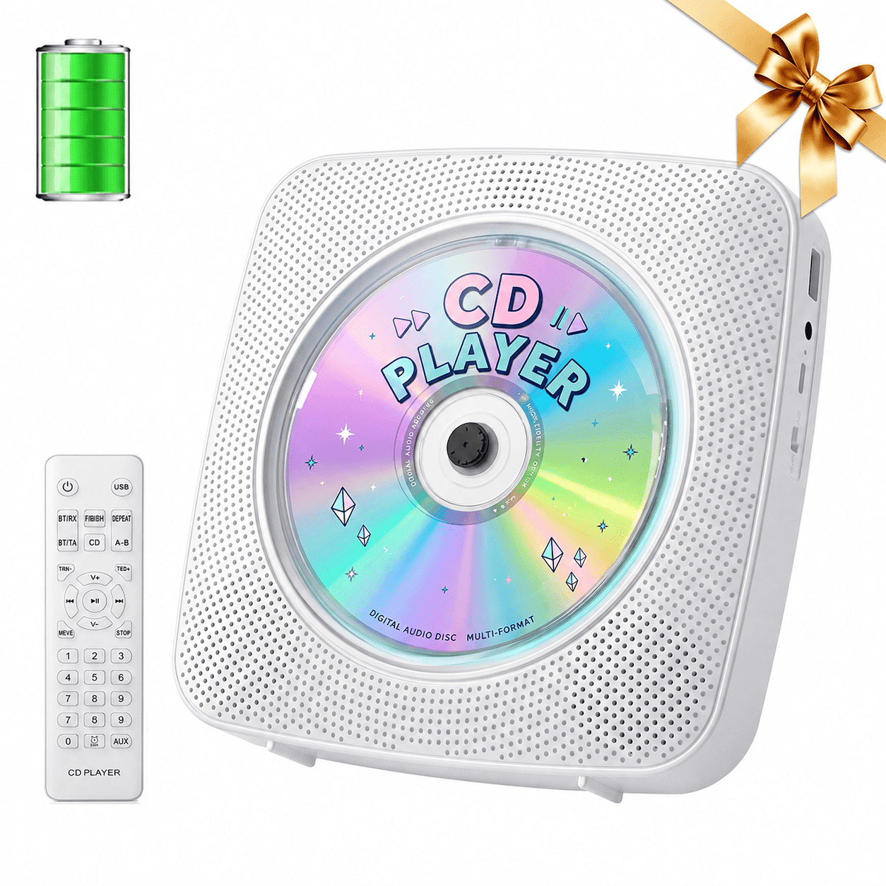 Kegaudio CD Players for Home Rechargeable Desktop Wall Mount Portable CD Player with Bluetooth FM Radio Built in Speaker, White