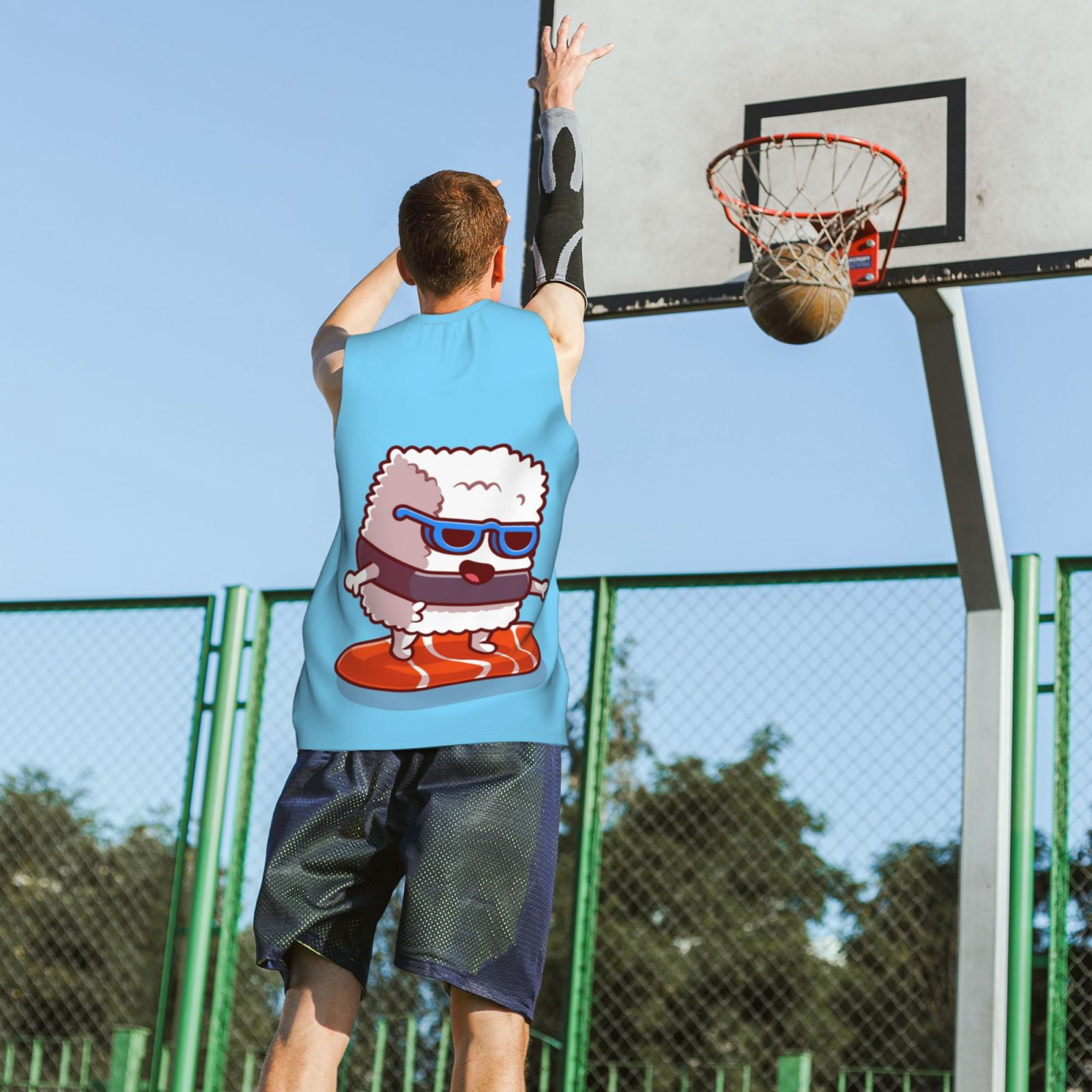 Xecao Sushi Salmon Surfing print basketball shirt for both men and women, a unisex basketball jersey perfect for theme parties-3X-Large