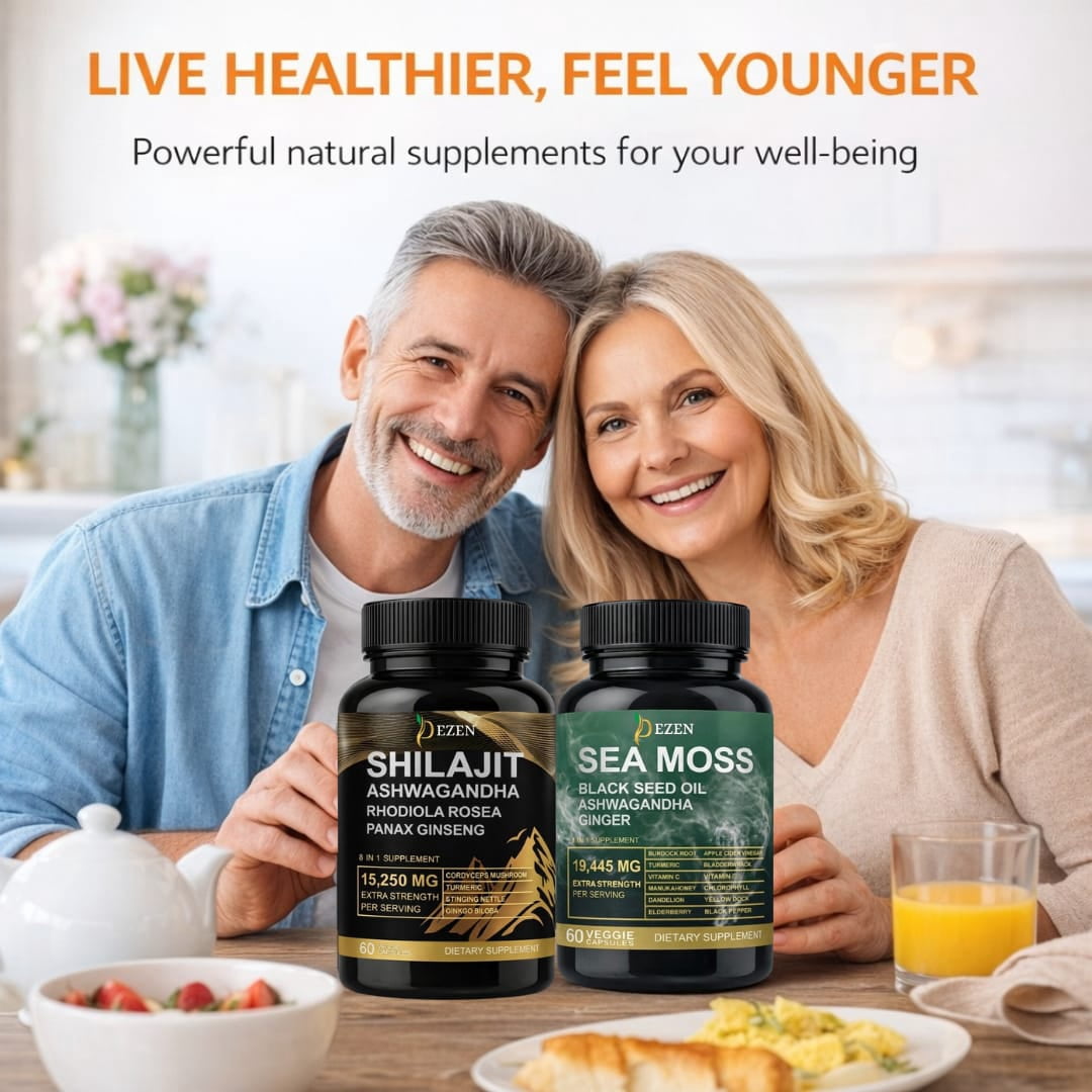 Premium Shilajit & Sea Moss Capsules Combo Pack with Ashwagandha, Turmeric, Black Seed Oil, Irish Sea Moss Blend, 30 Servings
