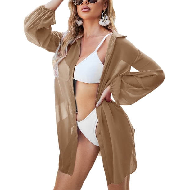 VISgogo Bikini de verano para mujer, vestido camisero largo suelto con cierre de botón de solapa de manga larga de Color sólido transparente VISgogo moda