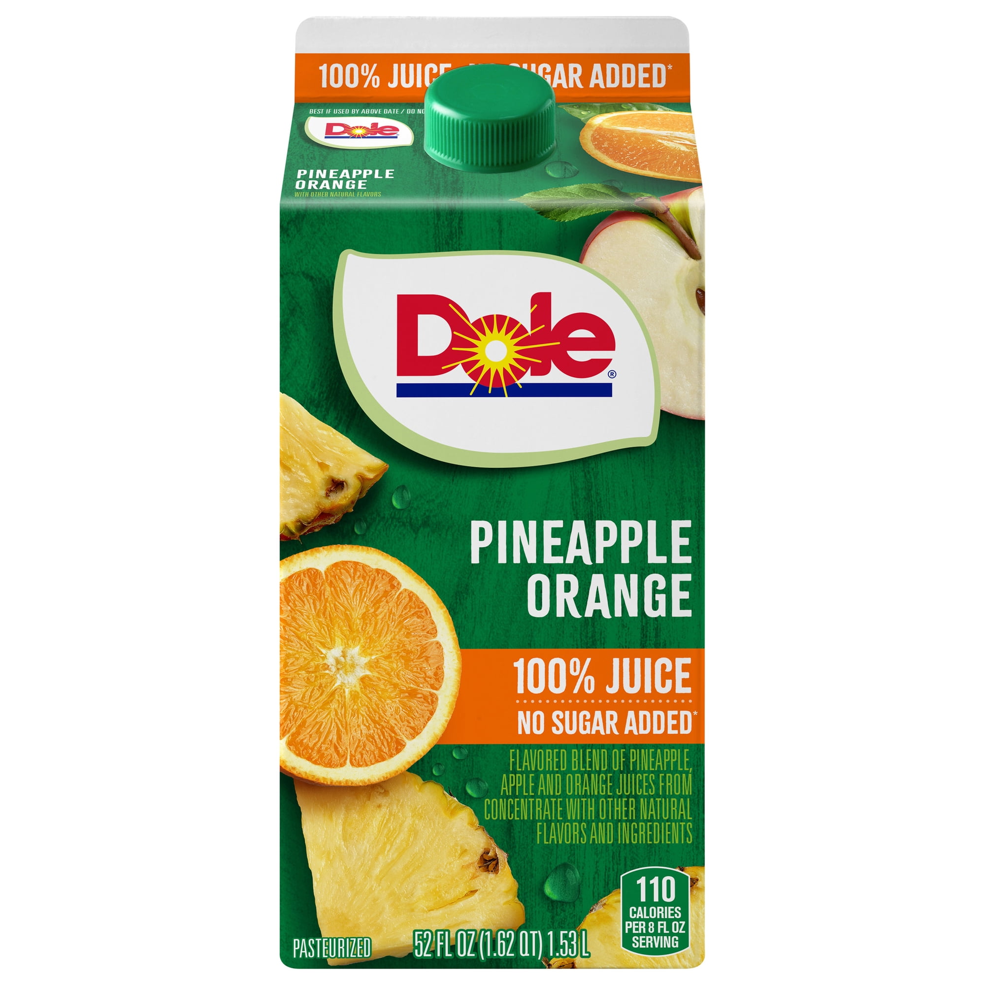 Dole 100% Pineapple Orange Juice, No Sugar Added, 52 fl oz carton