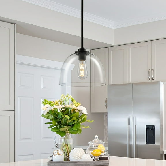 KAISITE 1-Light Modern Dome Glass Pendant Light Black Kitchen Island Hanging Ceiling Light