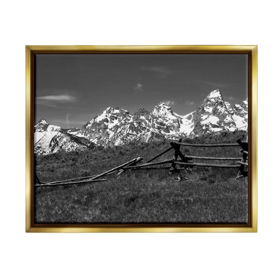 Stupell Industries Mountain Peaks & Fence Landscape Photography Gold Floater Framed Canvas Art Print Wall Art, 21 x 17